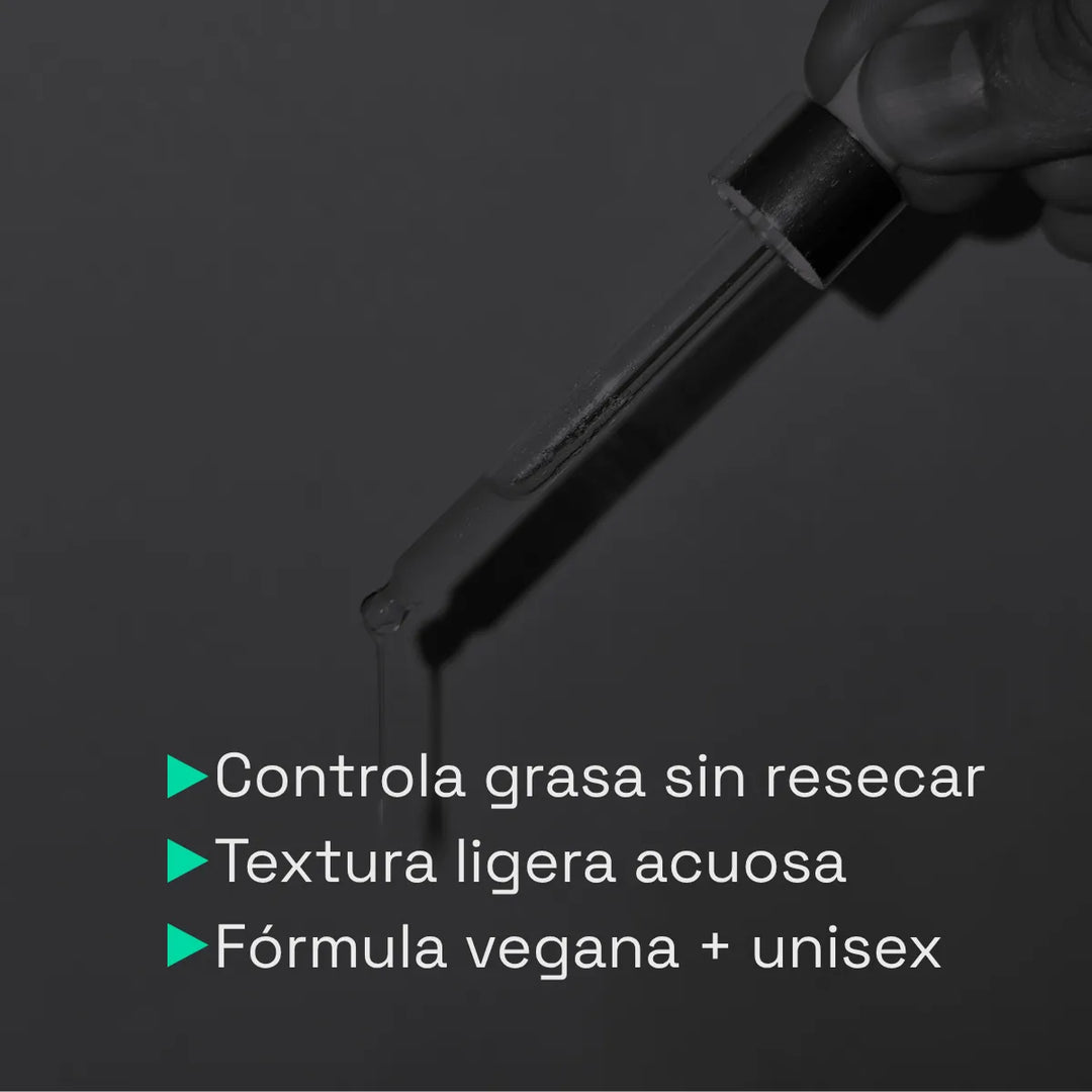 Serum hidratante controla grasa sin resecar, textura ligera base agua.  Formula vegana y unisex.