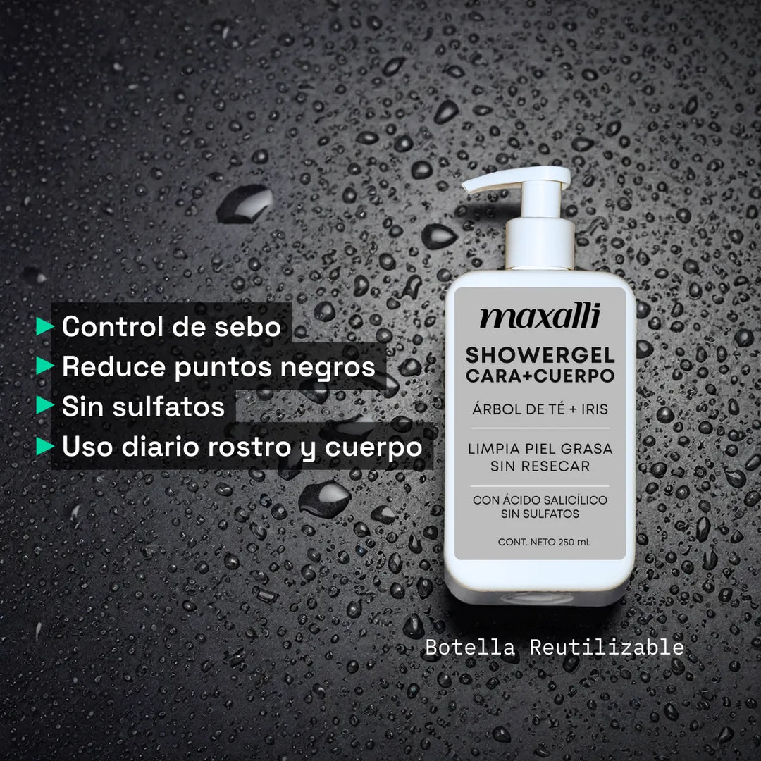 control de sebo, reduce puntos negros, sin sulfatos, uso diario para rostro y cuerpo, botella reutilizable. showergel maxalli