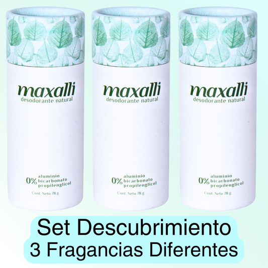 set de descubrimiento desodorante natural para axilas y cuerpo, 3 fragancias diferentes a elegir, discovery kit maxalli