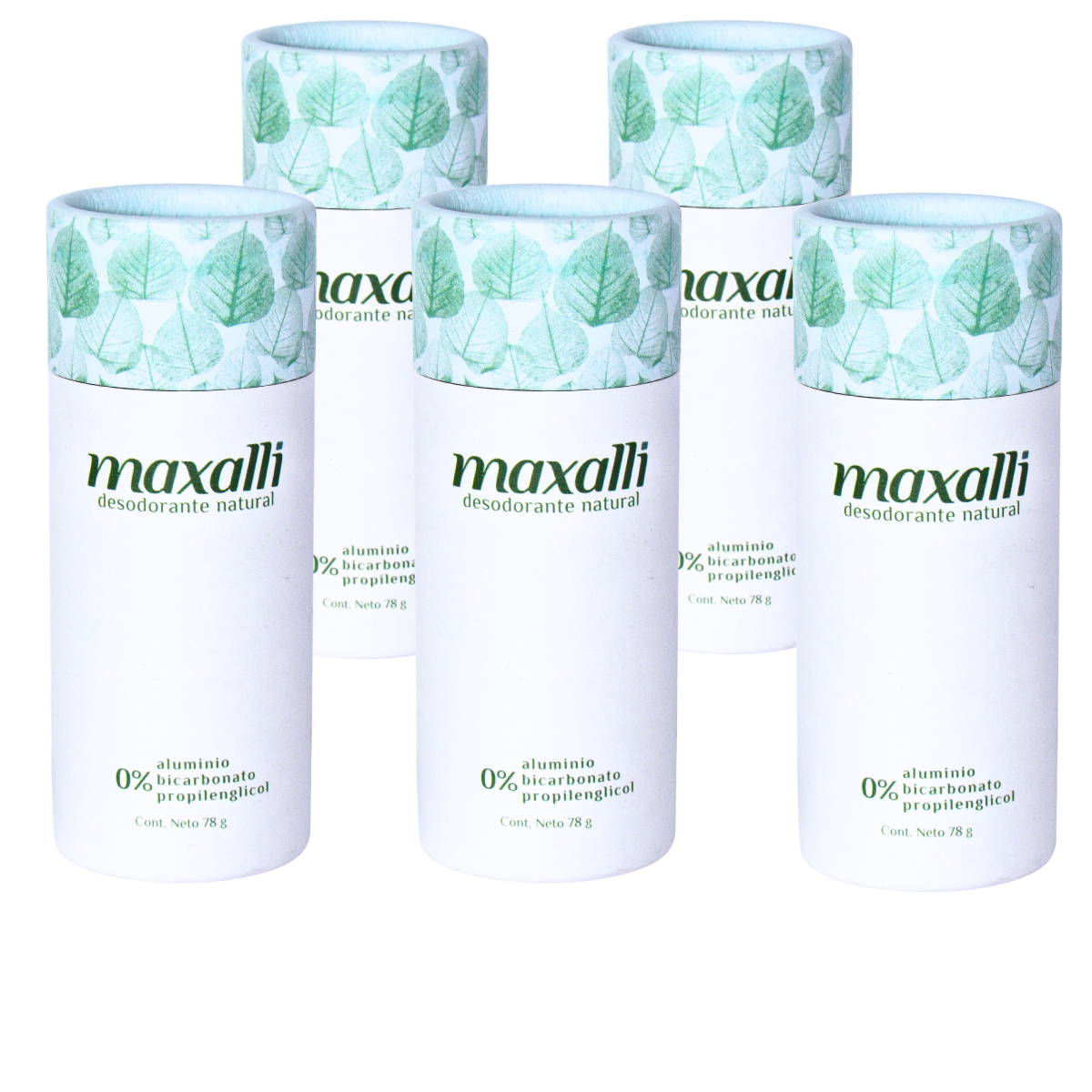 paquete 5 desodorantes naturales maxalli para axilas, pies y cuerpo. Desodorante envasado en tubo de cartón sin residuos plásticos para hombres y mujeres, unisex