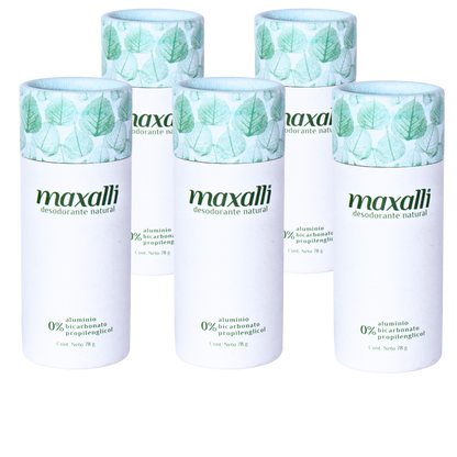 paquete 5 desodorantes naturales maxalli para axilas, pies y cuerpo. Desodorante envasado en tubo de cartón sin residuos plásticos para hombres y mujeres, unisex