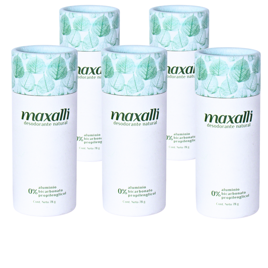 paquete 5 desodorantes naturales maxalli para axilas, pies y cuerpo. Desodorante envasado en tubo de cartón sin residuos plásticos para hombres y mujeres, unisex