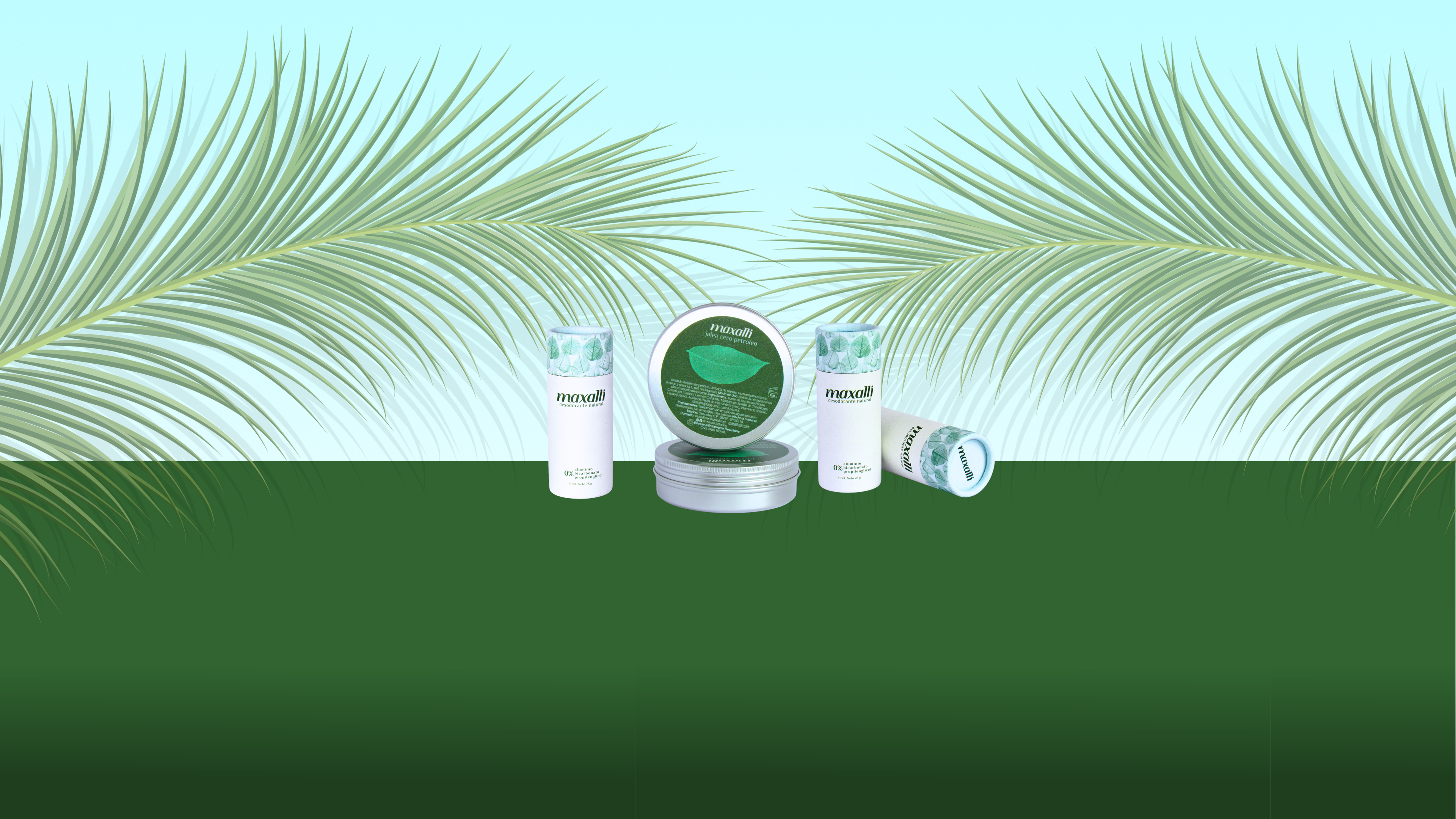 Productos premium de cuidado personal, premium skincare. Con fondo verde, celeste y palmeras.