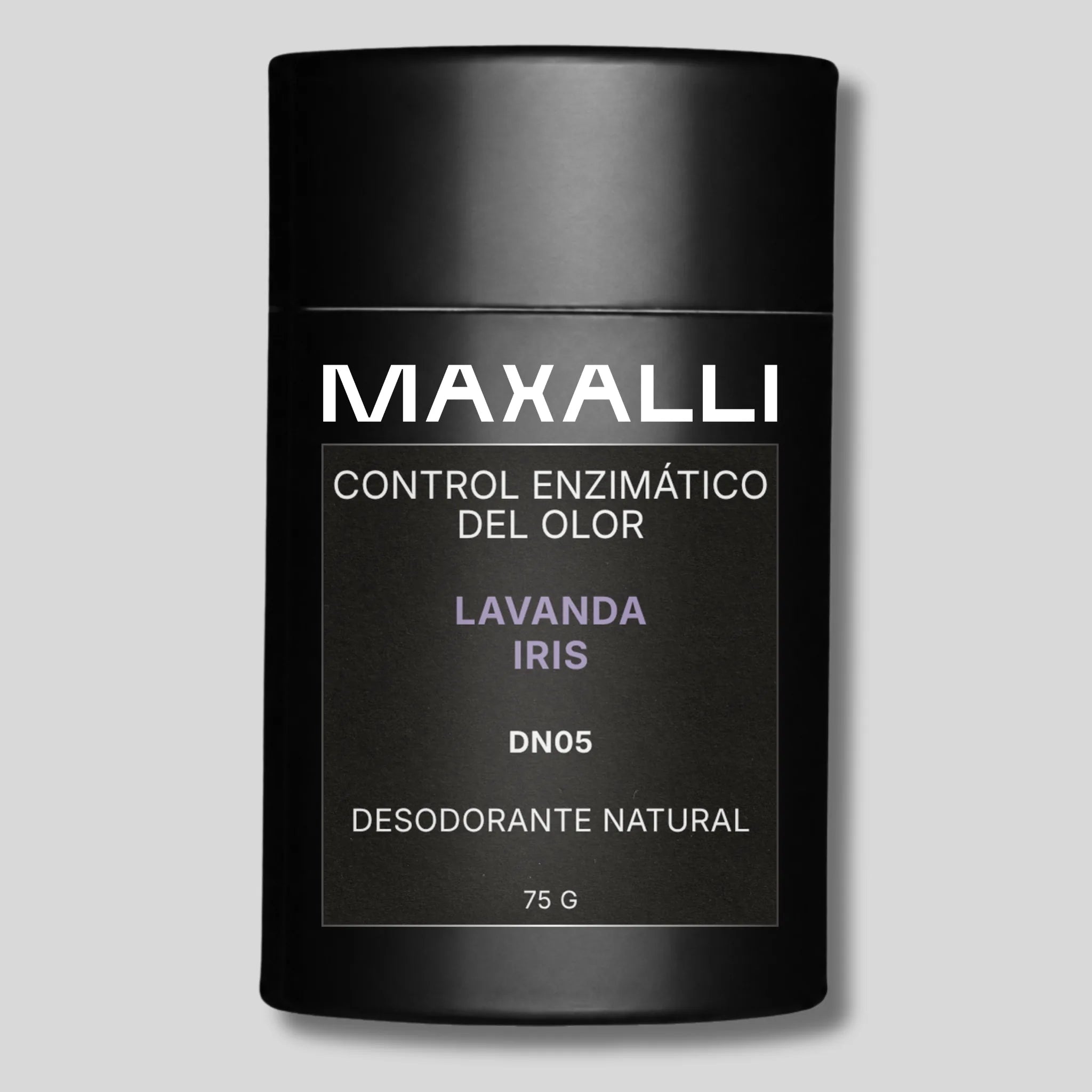 Desodorante natural Maxalli con aroma de lavanda, flor de iris y almizcle blanco.