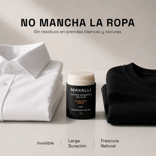desodorante que no manche la ropa con aroma frutal y ambarado.