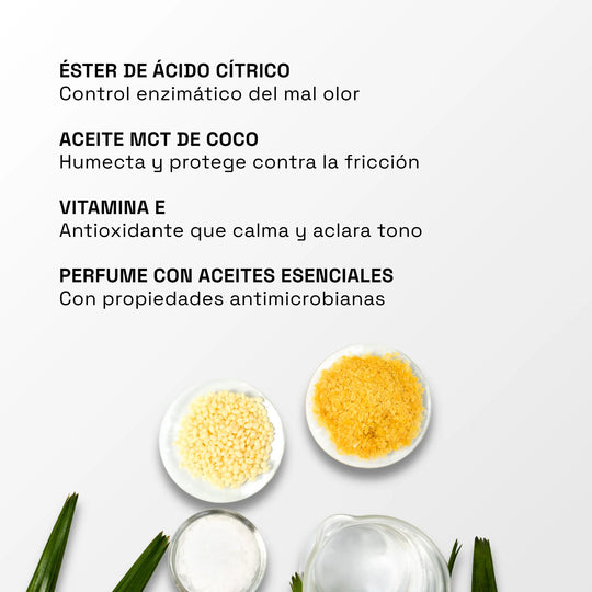 Ingredientes del desodorante maxalli. Citrato trietilo, aceite mct de coco, vitamina E y perfume con aceites esenciales.
