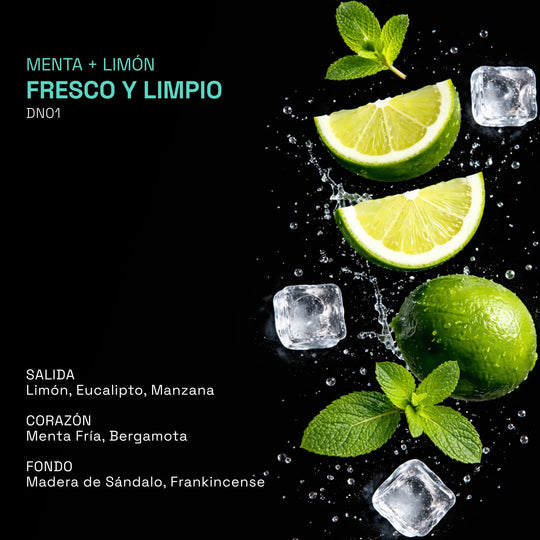 desodorante con aroma de limón, manzana, eucalipto, menta, bergamota, sándalo y frankincense.