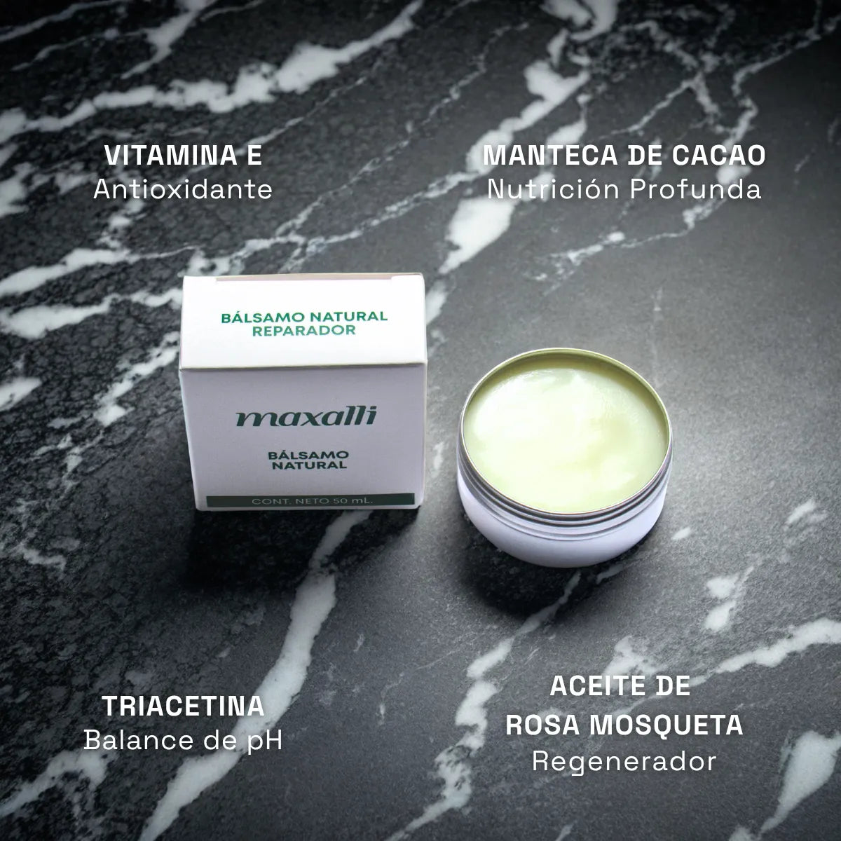 pomada natural con triacetina, manteca de cacao, vitamina E y vitamina C. maxalli
