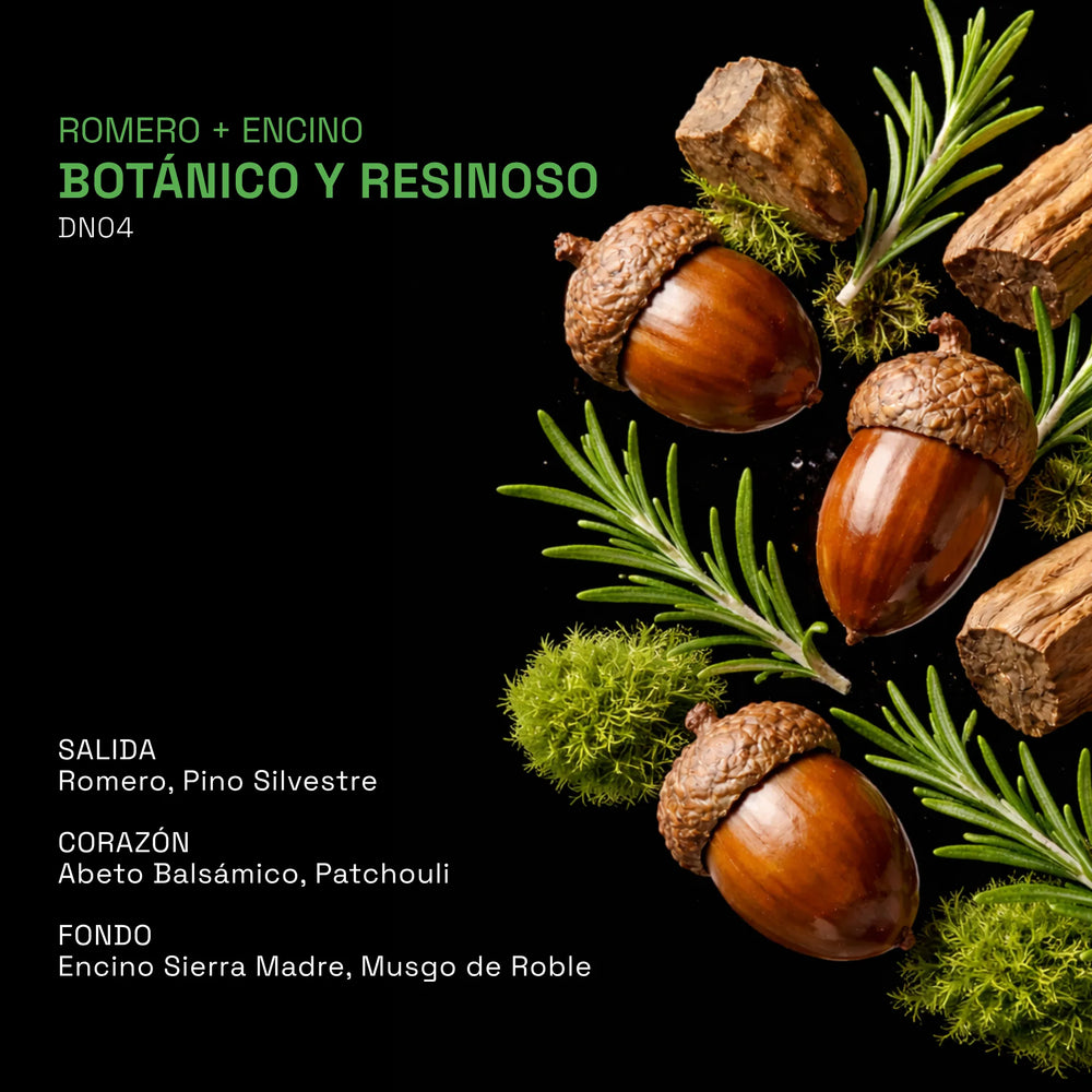 desodorante natural con aroma herbal y amaderado con notas de romero, pino, abeto balsámico, pachulí, encino y musgo de roble.