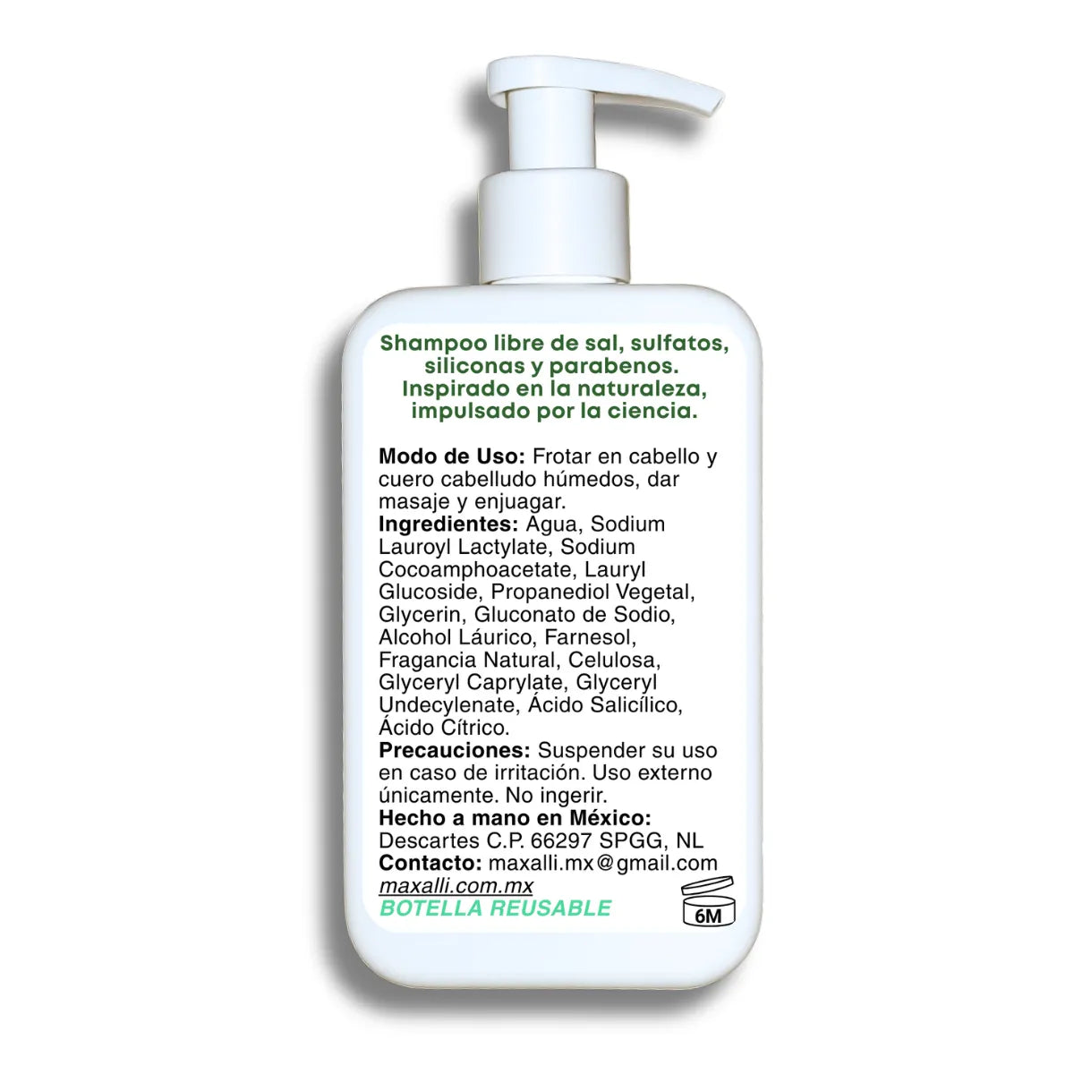 shampoo libre de sal, sulfatos, siliconas y parabenos de maxalli.