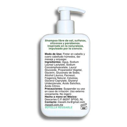 shampoo libre de sal, sulfatos, siliconas y parabenos de maxalli.