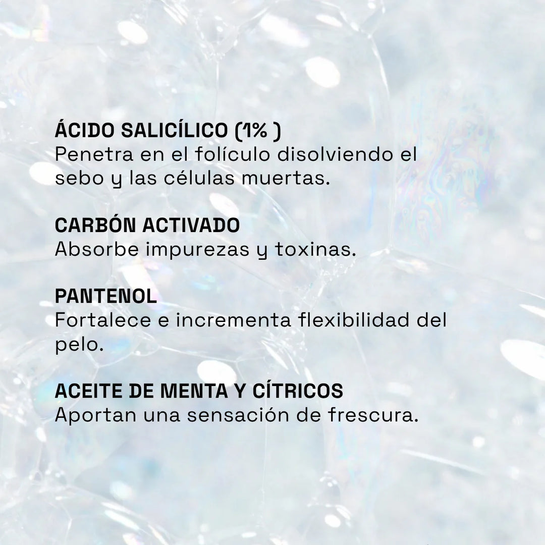 shampoo con ácido salicílico, carbón activado, pantenol y aceite de menta