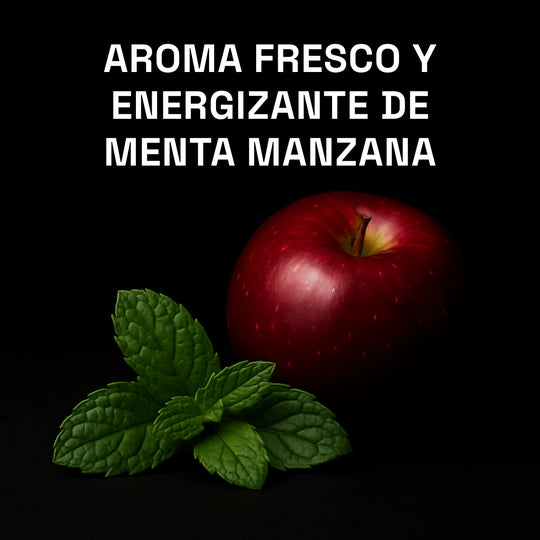  shampoo con aroma a manzana y menta natural sobre fondo oscuro. Fragancia fresca, ideal para cuero cabelludo graso.