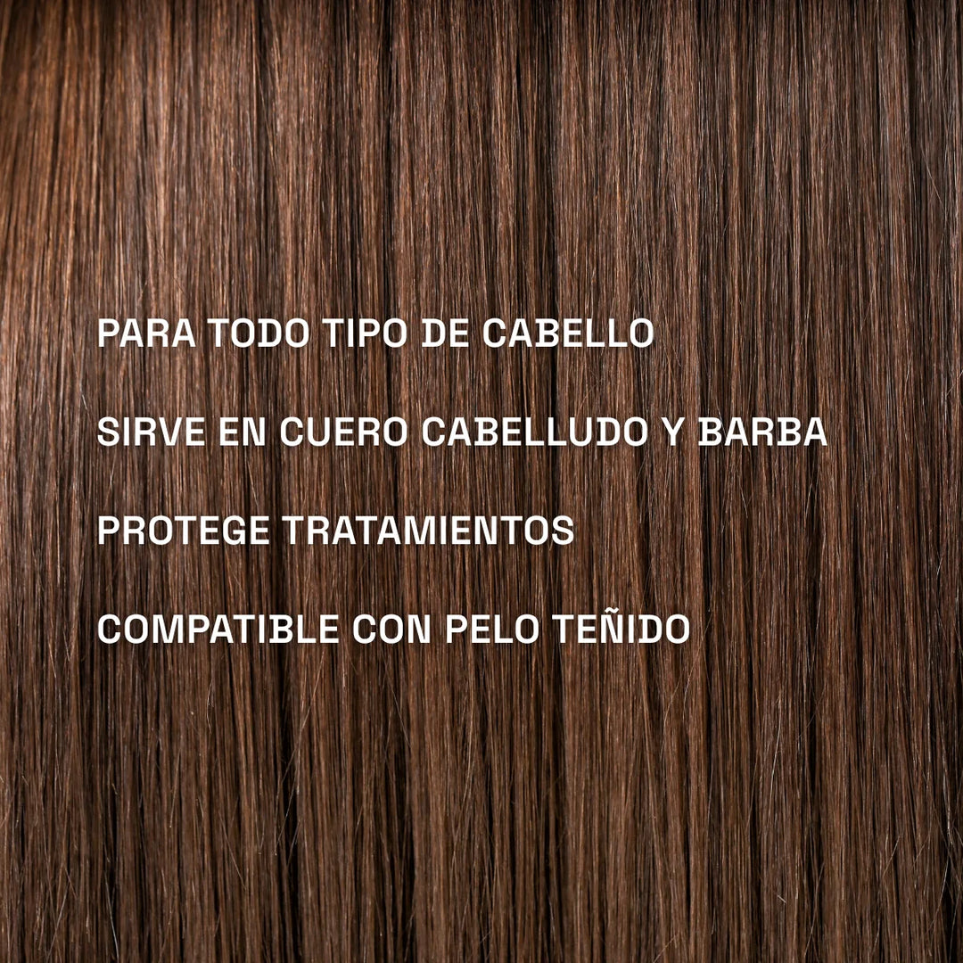 shampoo para todo tipo de cabello, sirve para cuero cabelludo y barba. Protege tratamientos capilares y es compatible con pelo teñido.