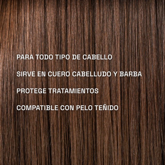 shampoo para todo tipo de cabello, sirve para cuero cabelludo y barba. Protege tratamientos capilares y es compatible con pelo teñido.