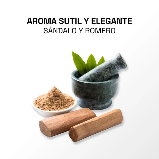 shampoo con aroma de sandalo y romero.