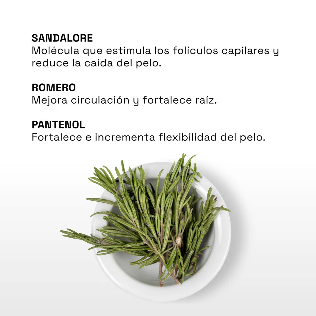 shampoo con romero, sandalore y pantenol para el crecimiento del pelo 